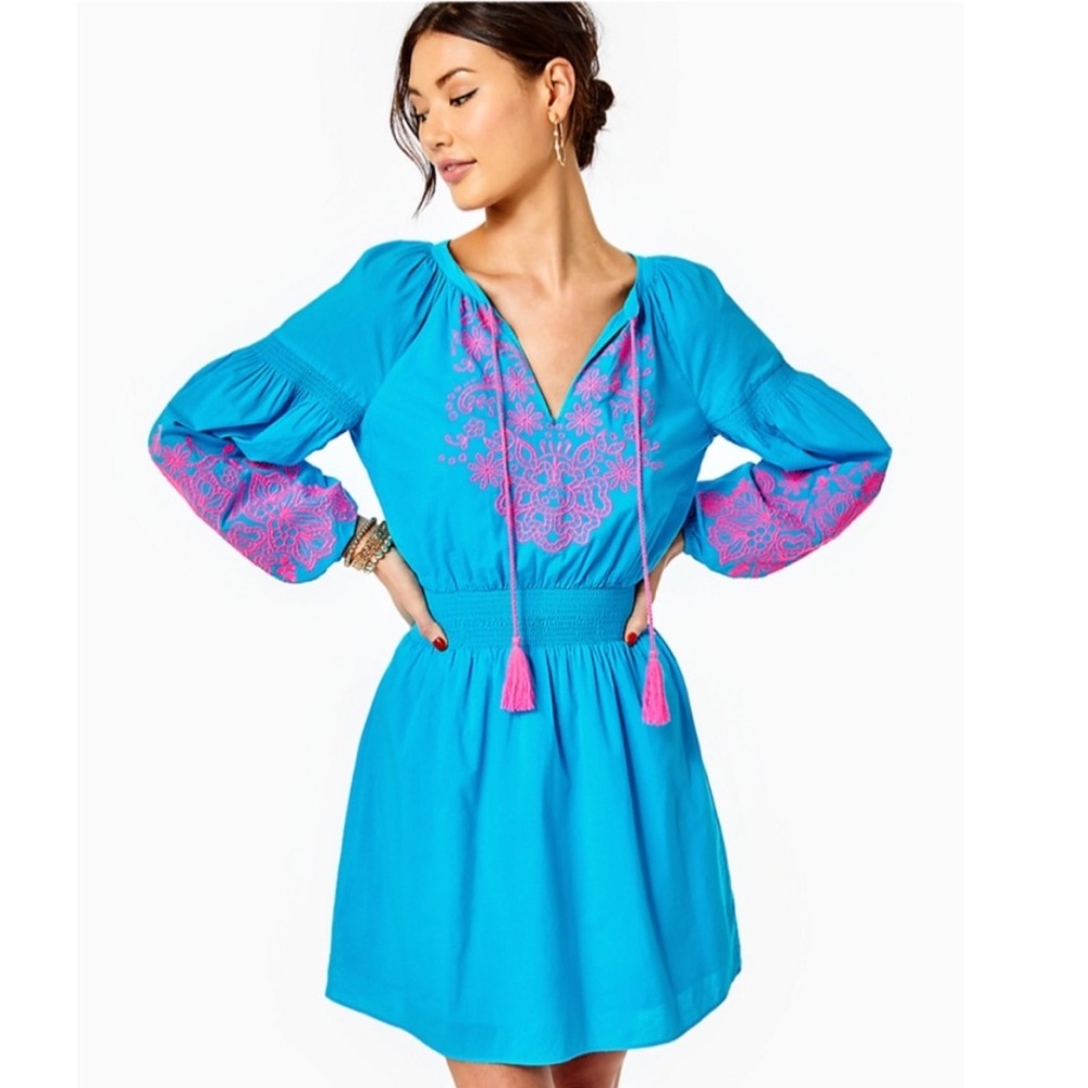 Lilly Pulitzer Analynn Tunic Dress Turquoise Oasis Blue Dress Pink Embroidery